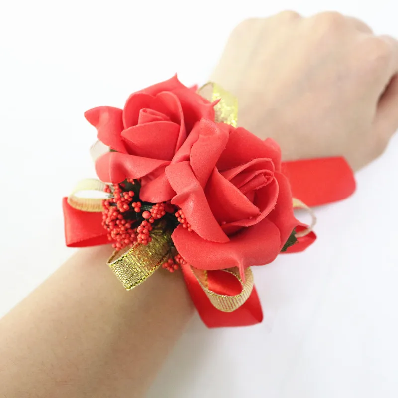  Flone Artificial Rose Flower Wedding Wrist Flower Hot Pink Bridesmaid Silk Corsage Hand Flowers Wedding Party Decor Floral (8)