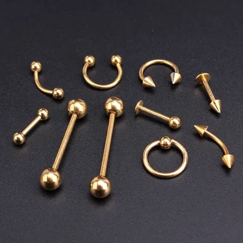 

Wholesale 10pcs Lot Gold Colour Body Piercing Stainless Steel Eyebrow Lip Nose Jewellery Tongue Tragus Labret Bar Rings 10 Style