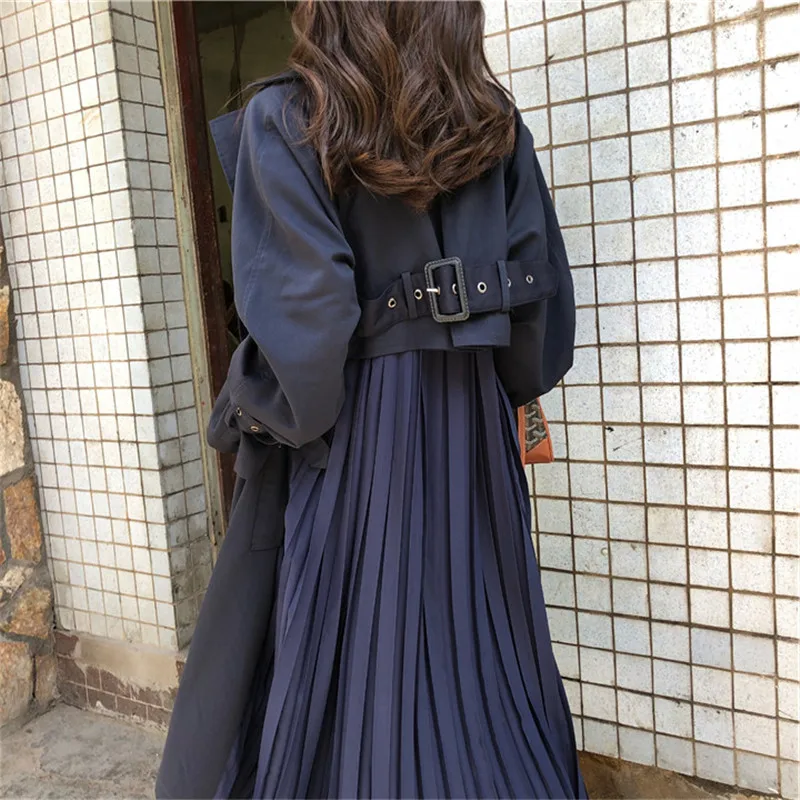 Япония и корейский стиль Harajukt ветровка женская новая модель длинное Свободное пальто Плиссированное шифоновое лоскутное с поясом Тренч