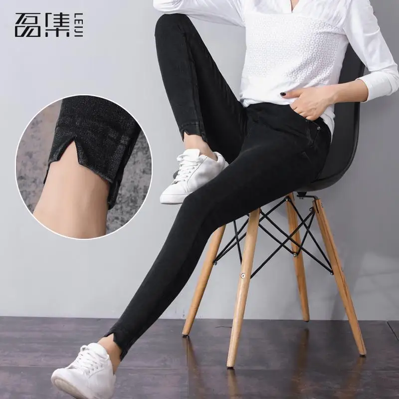 

Jeans Woman Spring High Waist Elastic Waist Skinny Black Gray Full Length Softener Denim Pencil Pants 100kg