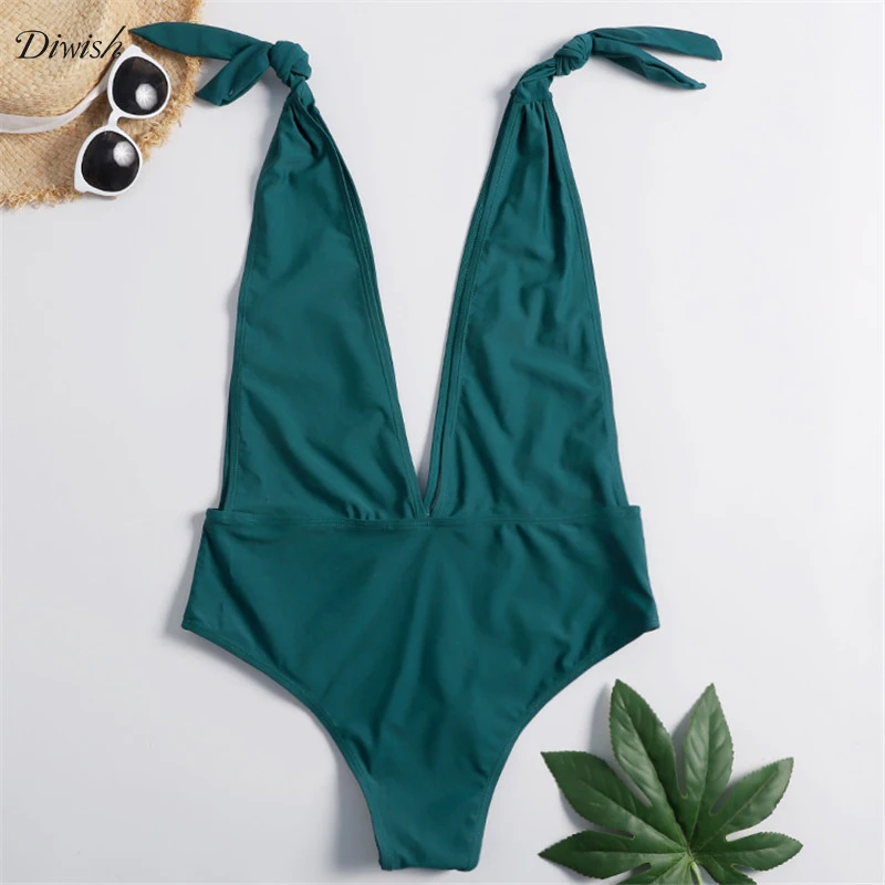 

Diwish Swimsuit for Women 2019 Solid Swimwear Women One Piece V-Neck Sexy Bikini Hollow Bathing Suit Women Monokini XL-4XL