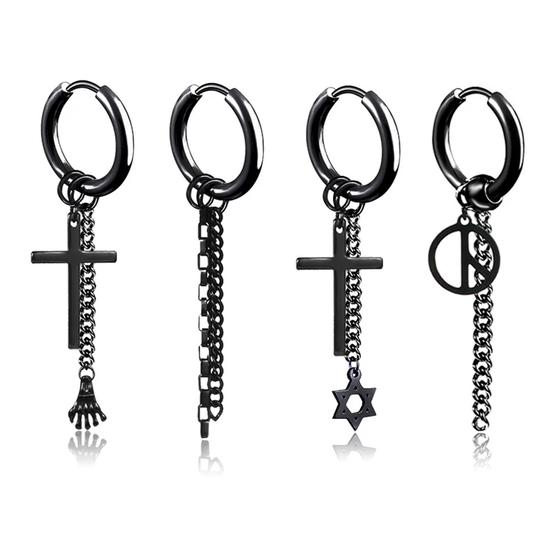 

1 Pair 2PC Cross Tassel Earrings for men Women Peace Sign Stainless Steel Stud Earrings Punk Rock Earrings Jewelry