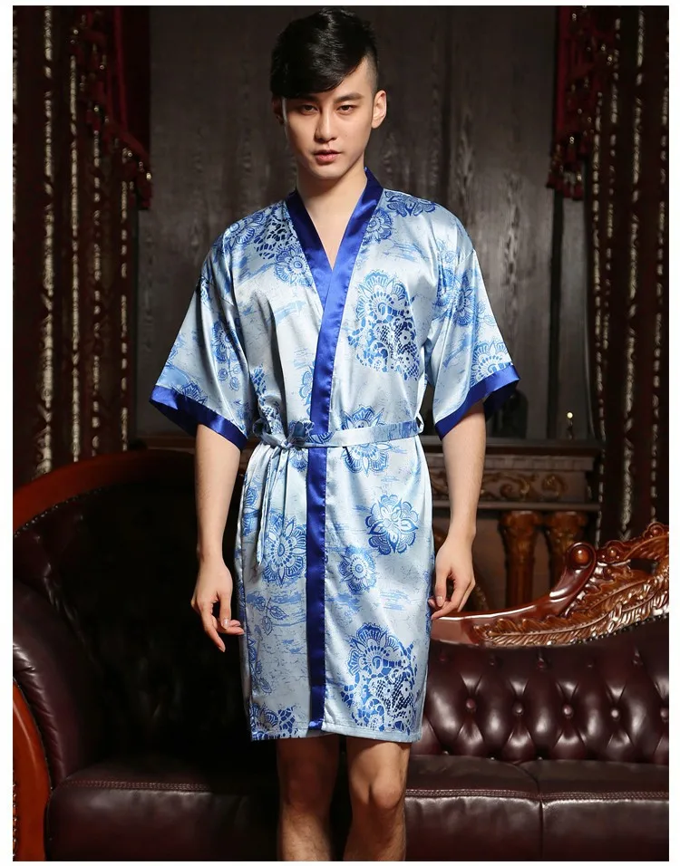 Летние мужские Шелковый халат с коротким рукавом мужской Халат цветок пижамы с v-образным вырезом печати Ванна шифон большие размеры