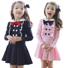 2-7 Year Kids Toddlers Girls Bowknot Dress Cotton Long Sleeve Tutu Dress pink dark blue