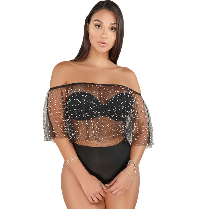 Жемчуг бисер пикантные женский костюм с сеткой с открытыми плечами See Through Bodycon комбинезон лоскутное черный элегантный ночной клуб Боди