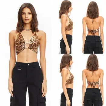 

Hirigin Women Casual Tank Tops Vest Sexy Leopard Deep V Backless Sleeveless Short Crop Top Blouse Streetwear Cotton