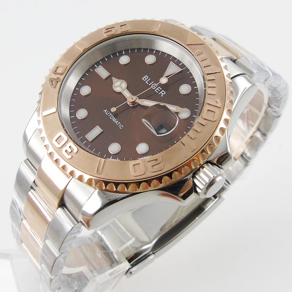 Bliger 40mm coffee dial luminous saphire glass Ceramic Bezel gold case Automatic movement wristwatch Bliger 40mm coffee dial luminous saphire glass Ceramic Bezel gold case Automatic movement wristwatch
