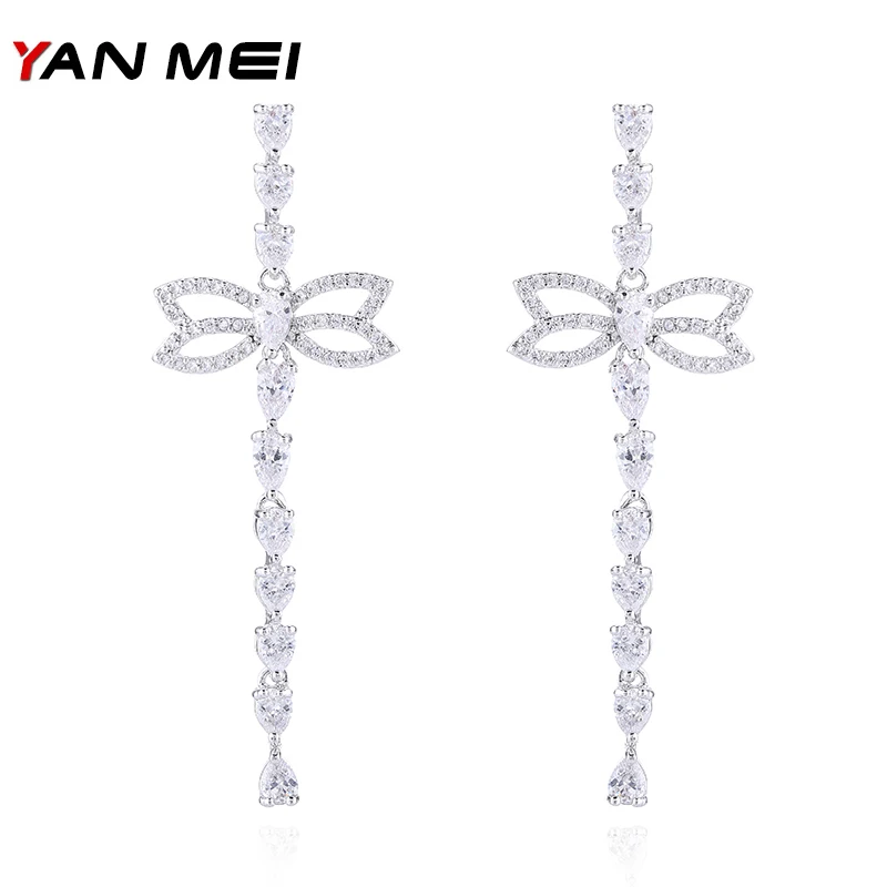 

YANMEI CZ Dragonfly Dangle Earrings For Ladies Crystal Insects Tassel Earring Fashion Jewelry YME8029