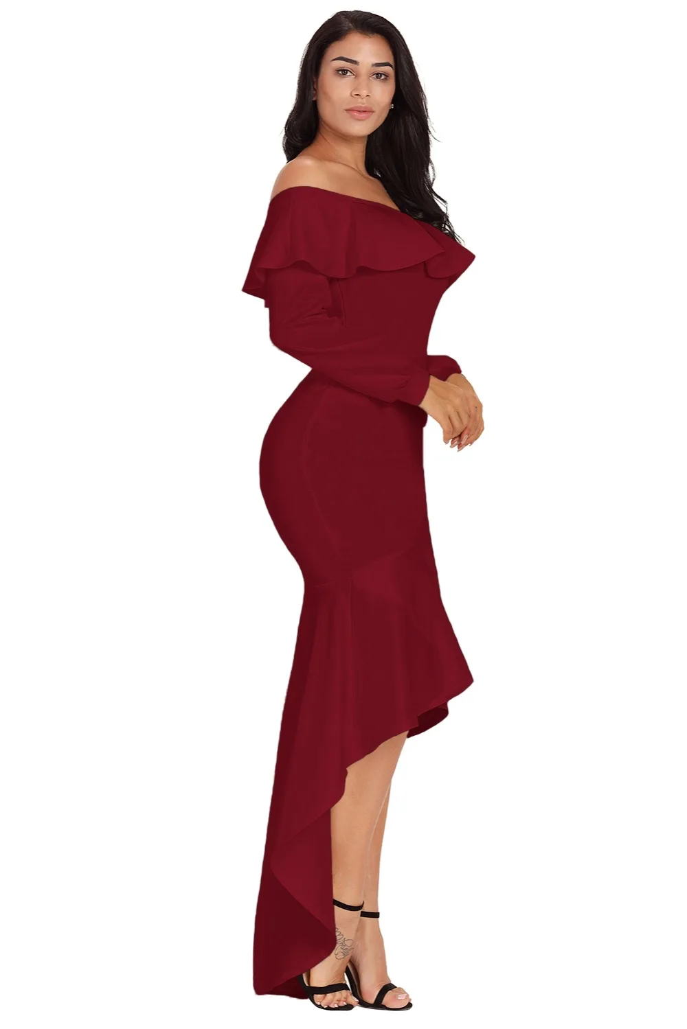 Burgundy-Lantern-Sleeve-Asymmetric-Ruffle-Hem-Evening-Dress-LC610303-3-3