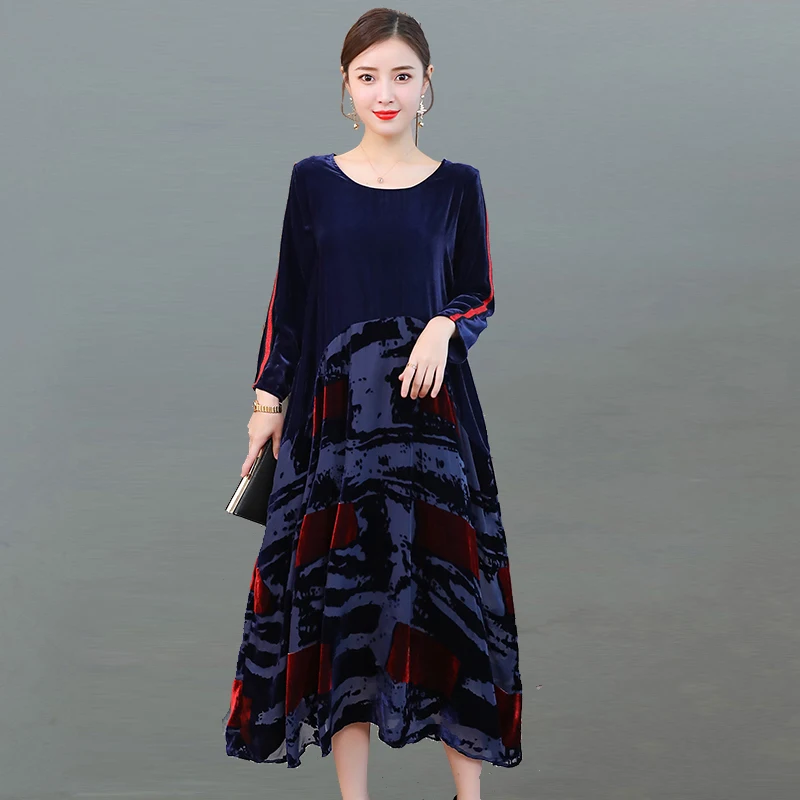 

Women Robe Autumn Winter Velvet Dress Elegant Casual vintage Loose christmas dress Print Long Dresses plus size vestidos 4XL