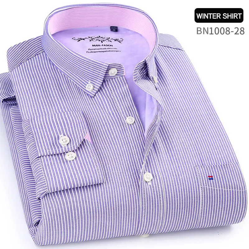 Winter mens work shirts striped solid color Long sleeve social men dress shirt oxford male shirts Plus size 4XL White color - Цвет: BN1008-28