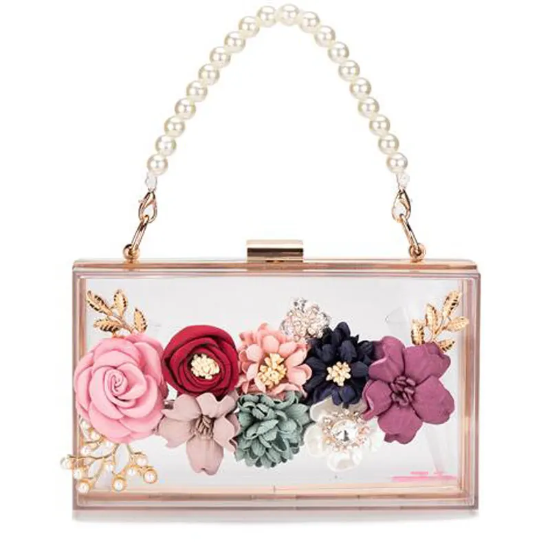

Women Luxury Evening Bags Wedding Party Pearl Flower Bride Handbag Crossbody Clear Hard Box Clutch Transparent Chain Bag 6587