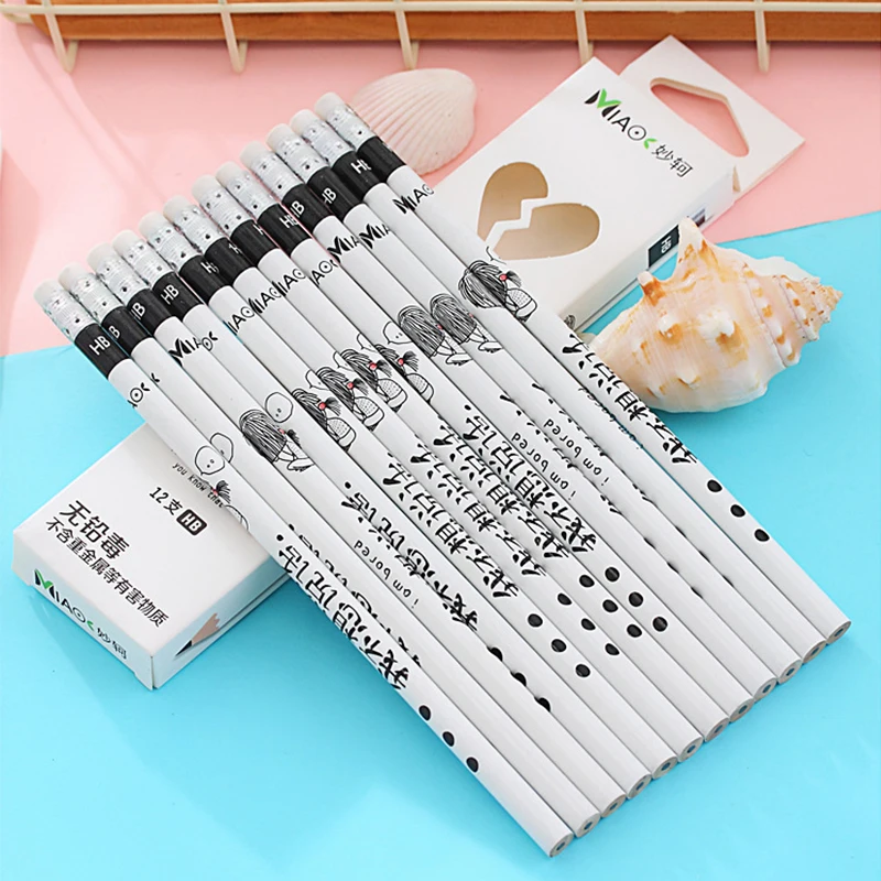 

12Pcs/Set HB Wood Sketch Black white pencils Painting art drawing Eraser school supplies Office cute kawaii stationery 1Q801