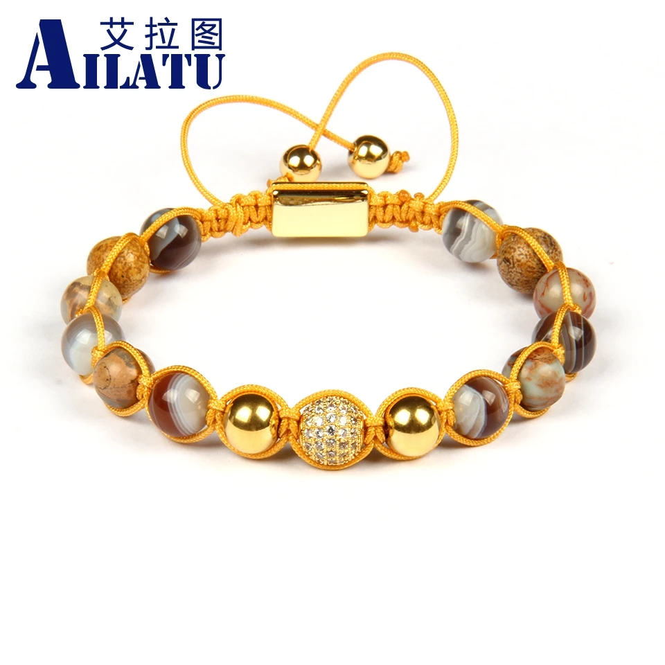 

Ailatu Mens Macrame Bracelet 8mm Natural Boswana Mix Stones Lucky Energy Lace Up Bracelets Top Quality Stainless Steel Beads