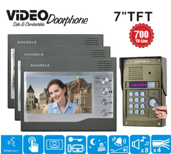 

ZHUDELE Top quality 7 " Video Door Phone HD 1 IR Doorbell Camera and 3 Monitors Intercom system with ID Card&Password unlocking