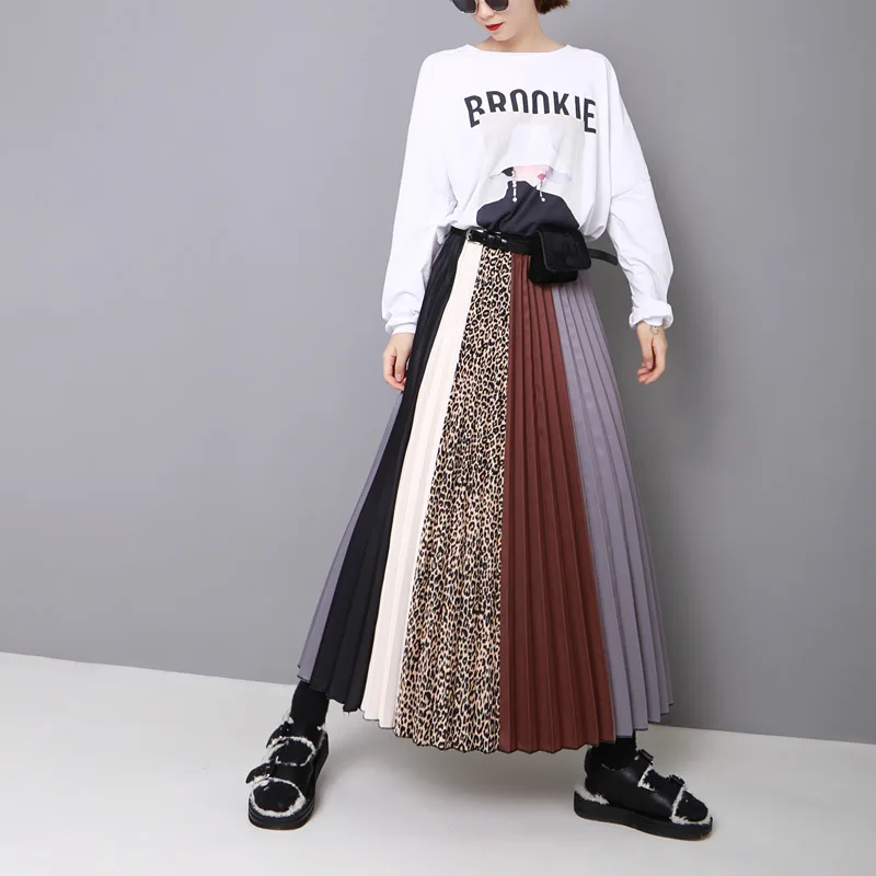

2019 Autumn and Winter New Over The Knee Women's Long Skirt Big Swing Umbrella Skirt Color Matching Leopard Pleated Skirt