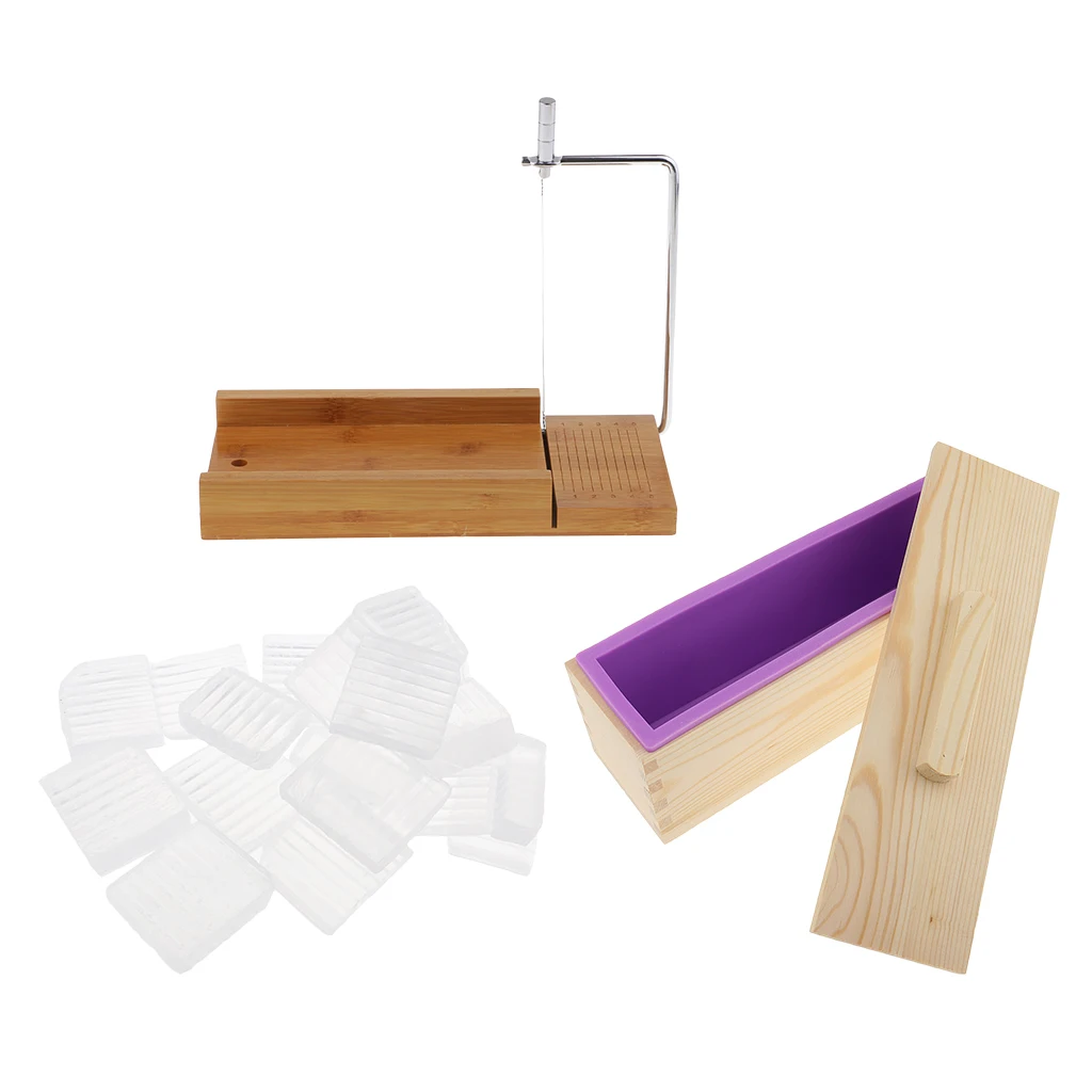 Handmade Soap Making Silicone Soap Mold Wood Box & Wooden Stainless Steel Soap Cutter Loaf Slicer & Clear Melt & Pour Soap Base