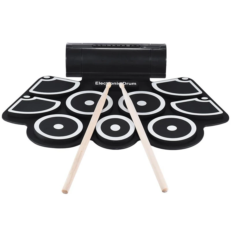 

Portable Electronic Roll Up Drum Pad Set 9 Silicon Pads Built-In Speakers With Drumsticks Foot Pedals Usb 3.5Mm Audio Cable Eu
