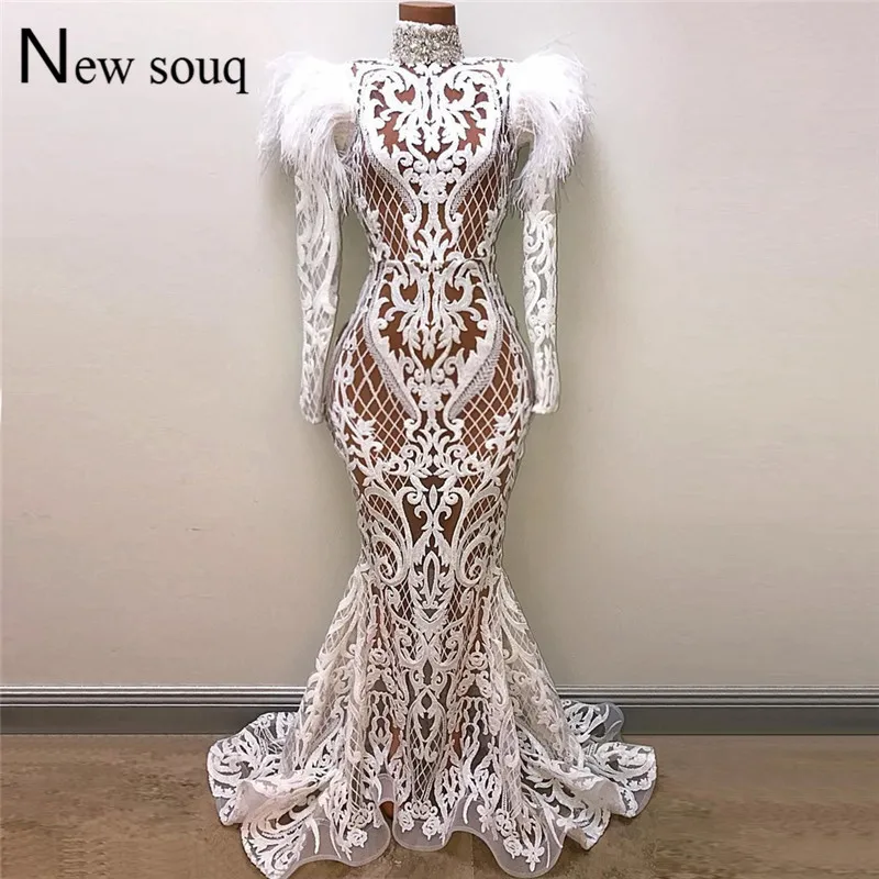

White Mermaid Evening Dresses Robe De Soiree 2019 Illusion Arabic Party Gowns Feather Beaded Dubai Abaya Kaftan Long Prom Dress