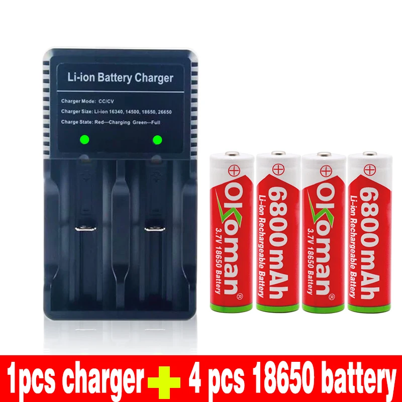 Okoman 18650 аккумулятор 3,7 V 6800 mAh перезаряжаемый литий-ионный аккумулятор для игрушки светодиодный фонарик вспышки электроинструменты+ USB зарядное устройство - Цвет: Белый
