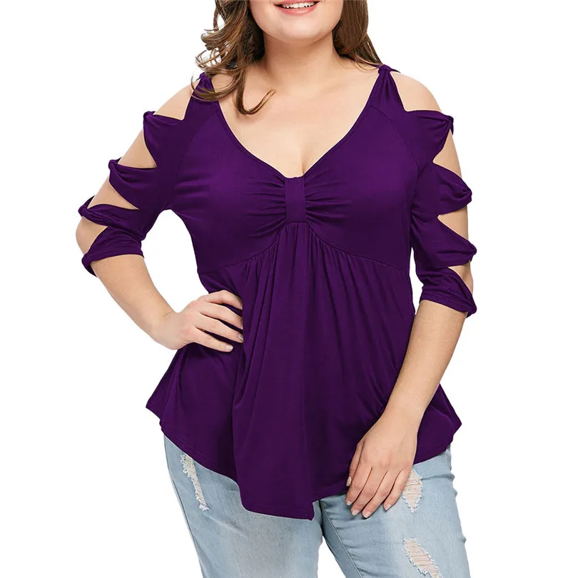 

KWAN_Women's large size bow design hollow decoration three quarter sleeve V-neck solid color casual fashion shirt vogue tee #2
