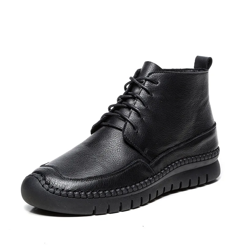 

CHAISHOU woman boots autumn and wintergenu leather boots Lace-Up flat casual ankle boots for women Platform shoes
