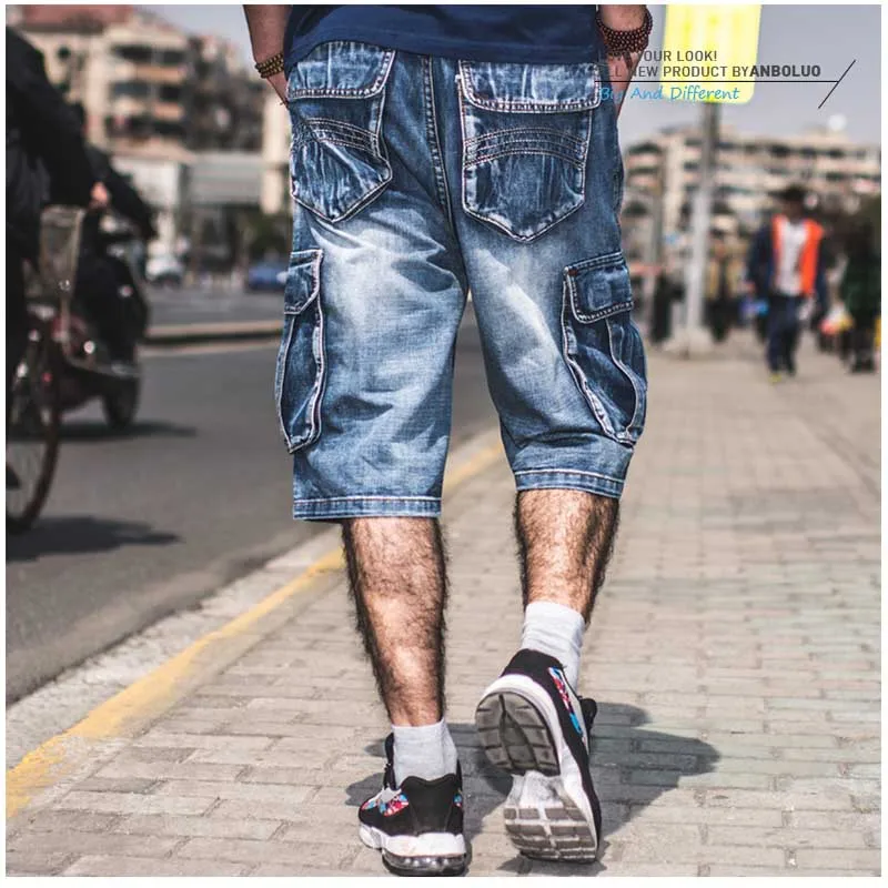 Mcikkny Summer Men's Cargo Denim Shorts Multi pockets Hip Hop Loose Jeans Shorts For Male Washed  (10)