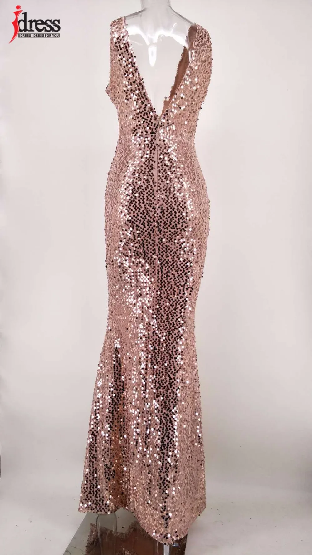 IDress Woman Fashion 2017 New Summer Maxi Dress Sexy Deep V Neck Gold Sequin Sleeveless Dress Evening Club Party Bodycon Dress (2)