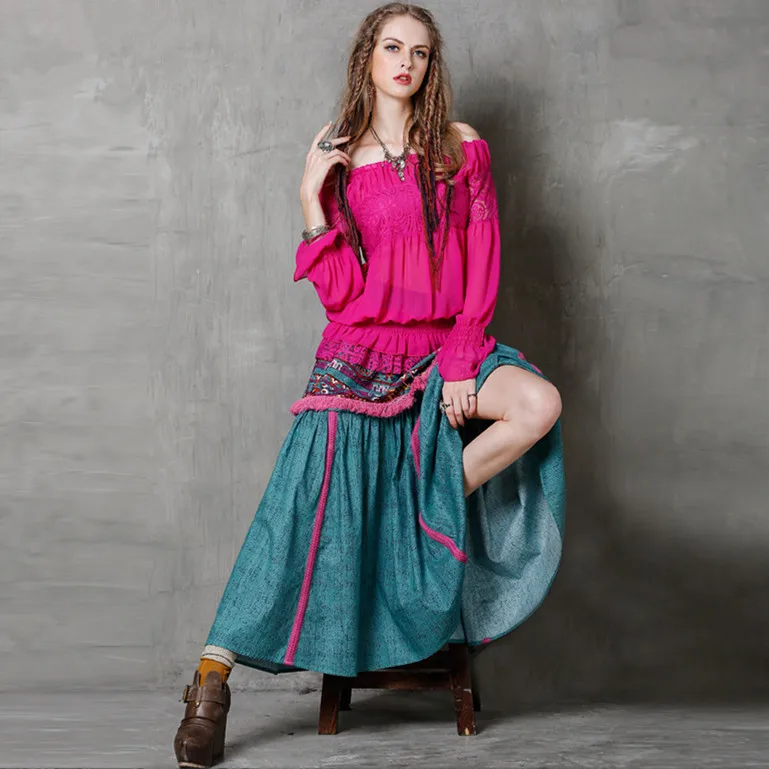 Макси юбка SIPAIYA Boho новые хлопковые льняные юбки с бахромой женские универсальные качели с цветочным принтом длинные Saias Feminina X2108 - Цвет: Бирюзовый