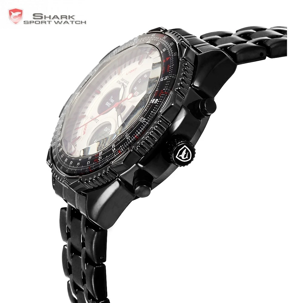 Eightgill Shark Sport Watch Dual Time Digital White Analog Black Stainless Steel Strap Chronograph Quartz Men's Timepiece /SH114