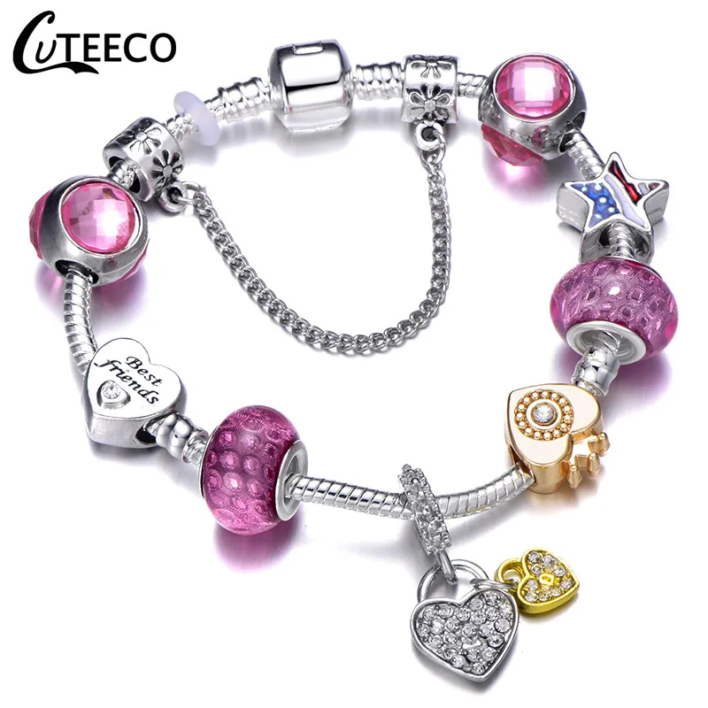 CUTEECO, модные, розовые, милые, очаровательные браслеты для женщин, сердце, бусины, подходят к оригинальному бренду, браслеты, романтическое ювелирное изделие, подарок - Окраска металла: 22