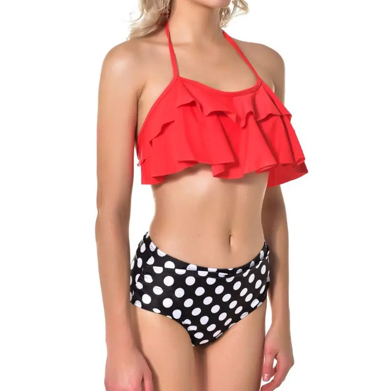 

Womens Sexy Two Piece Bikini Set Ruffles Flounce Crop Top High Waist Pleated Thong Swimsuit Tropical Leaf Polka Dot Bathing Suit