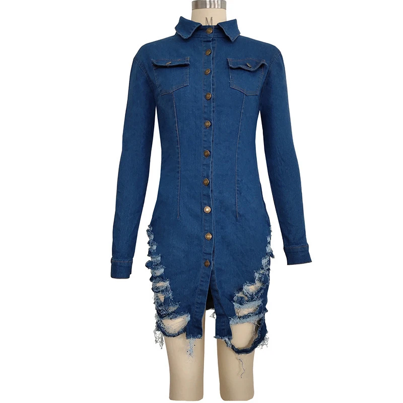Spring Hole Washes Long Sleeve Sexy Denim Dress Single-breasted Ripped Cotton Dresses New Women Casual Bodycon Mini Dress 614