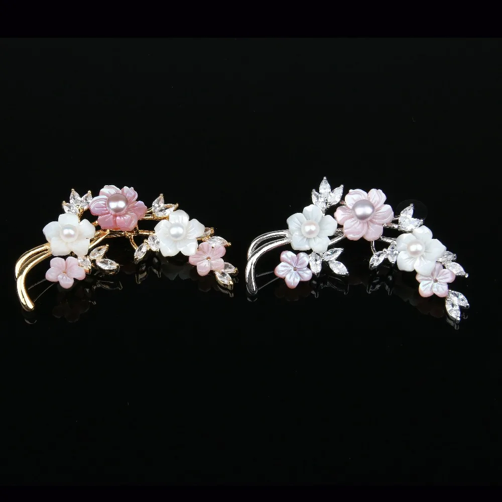 

Brooches Fashion Jewelry High Quality Natural Pearl Shell Flower Zircon Brooch Pins Wedding Accessories 2 Colors