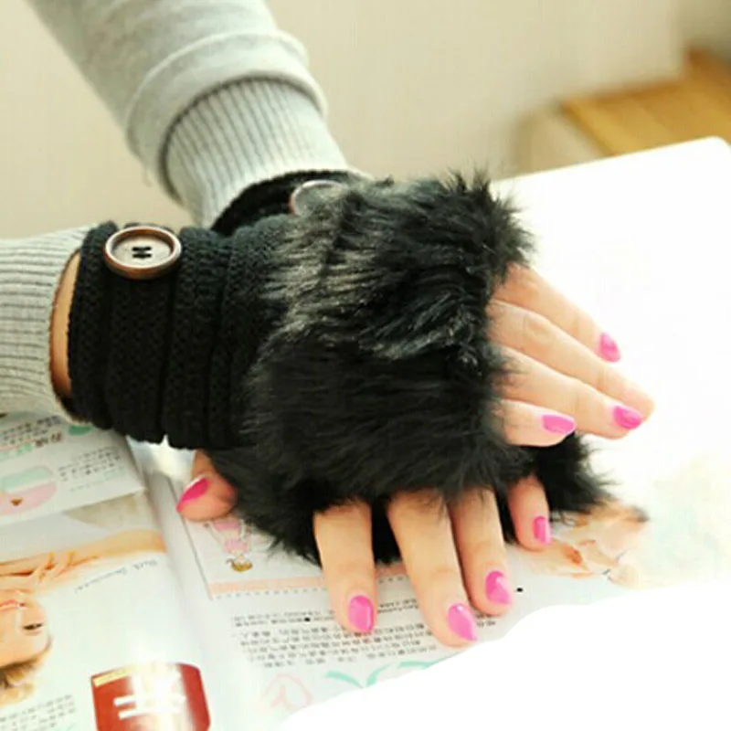 WOMAIL для женщин девочек Теплые зимние Искусственный мех кролика наручные перчатки, варежки без пальцев jan30/P fed30
