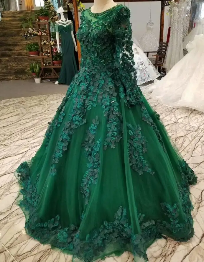 Темно-зеленые вечерние, свадебные платья, платья Саудовской Аравии Дубай на шнуровке с декором из цветов и жемчужин винтажные, с длинными рукавами мусульманские свадебные платья - Цвет: Color as Picture