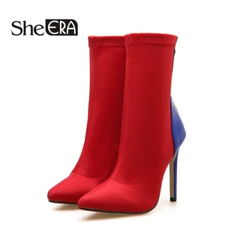 

2019 Women Boots Patchwork Mid Calf Autumn Shoes 11.5cm Thin High Heel Pointed Toe Ladies Boots Shoes Size 35-42 Botas Mujer