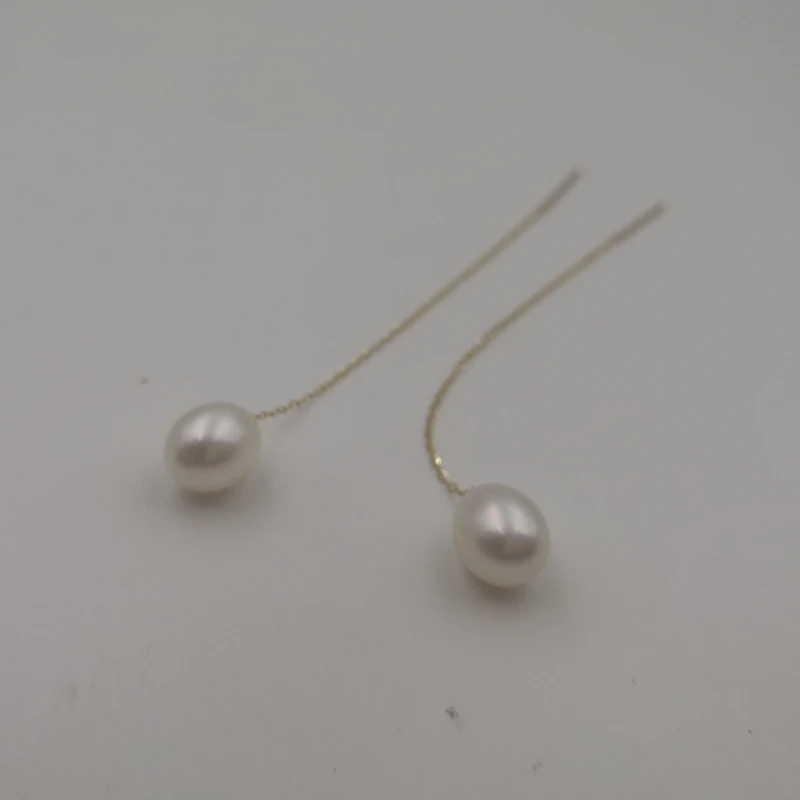 Sinya Au750 18k gold long chain tassel design earring dangle drop earring with 7-9 mm high luster pearls  for women (2)