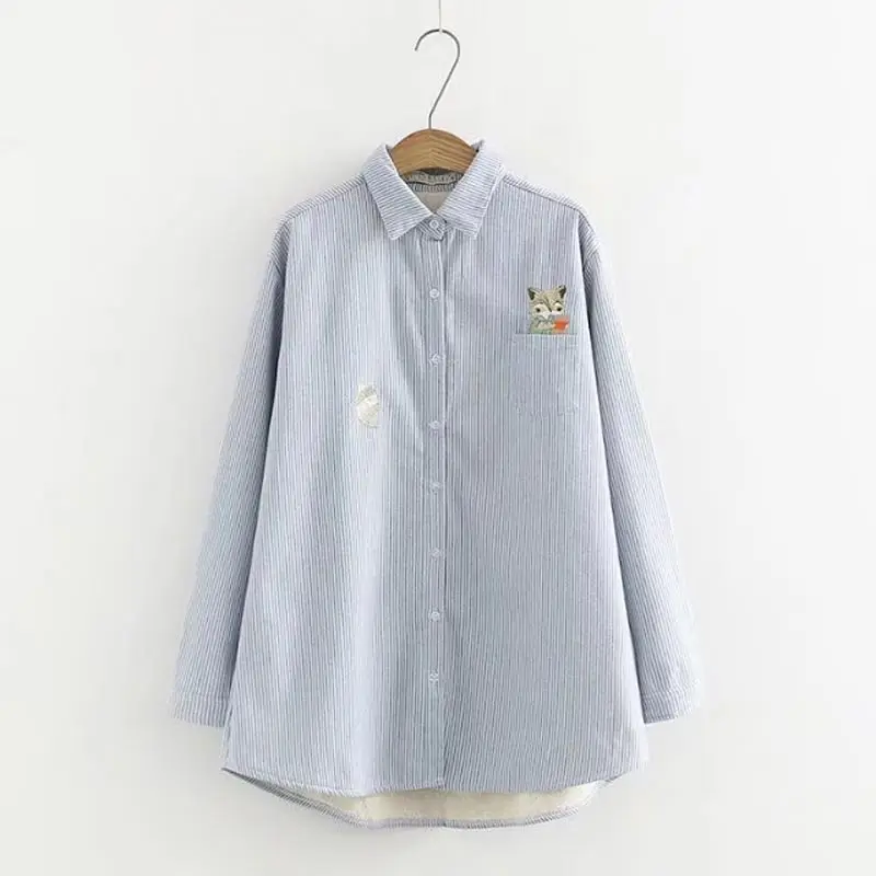 

S66 Autumn Winter Plus size Women clothing Shirts 6XL Casual Long Sleeve embroidery striped plus velvet Blouses 8807