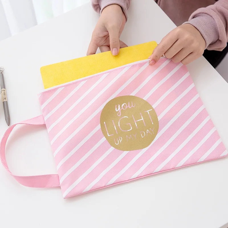 

1pc Pink Cute Canvas File Folder Pouch for Documents Bill A4 Large Capacity Document Bag Business Office File Organizer