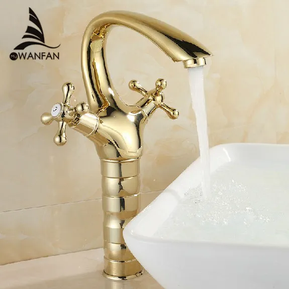 

Bathroom Antique Basin Faucets High Arch Dual Cross Handle Gold Faucet Deck Mounted Mixer Water Tap Bathroom Sink Taps SE-1309K