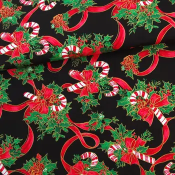 

108cmx100cm Cotton Woven Fabric - Crutches, bow-knot and leaf on black background (022)