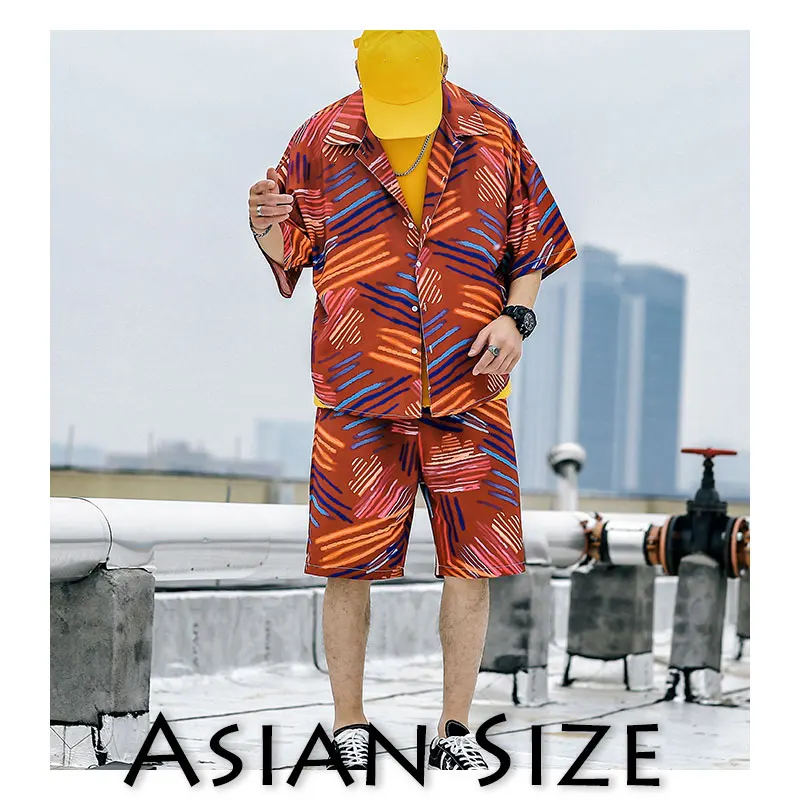Privathinker, Мужская Уличная одежда Харадзюку, спортивный костюм, лето, короткий рукав, Гавайские винтажные рубашки, комплект из 2 предметов, спортивный костюм, шорты - Цвет: TZ36Red(AsianSize)