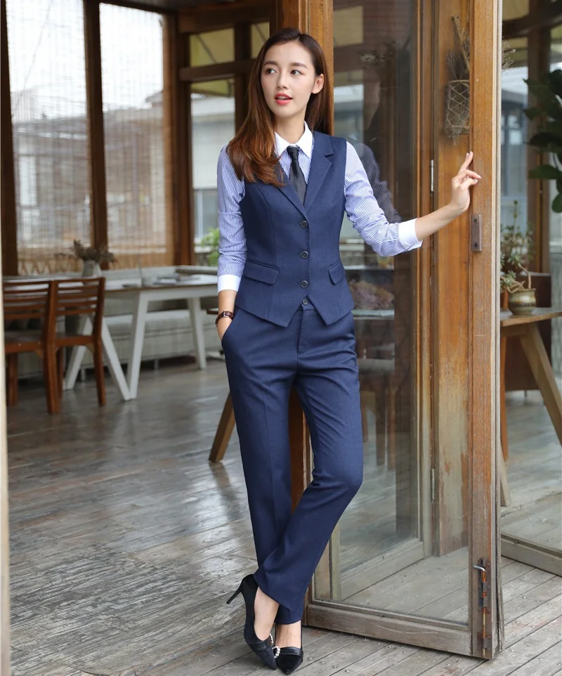 

Formal Women Business Suits with Pant and Top Sets Blue Vest & Waistcoat Pantsuits Ladies Office Uniform Styles