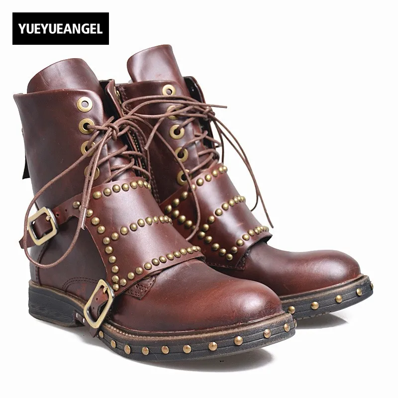 

England Ankle Boots For Women Autumn Winter Rivets Buckle Womens Leather Boots Brown High Quality New Design Ladies Shoes 2019