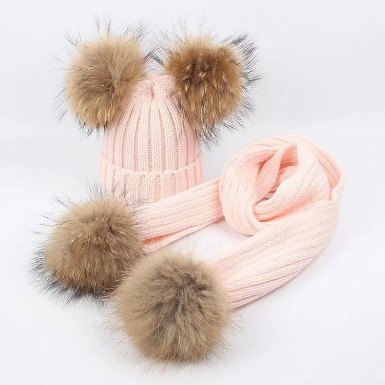 Детская вязаная шапка, шарф, большой мяч из натурального меха енота, для малышей, для детей, для девочек и мальчиков, теплая зимняя одежда для детей 2, 3, 4, 5, 6, 7, 8 лет - Цвет: hat scarf pink
