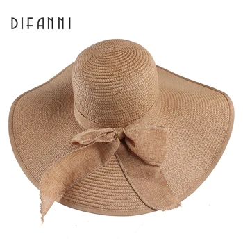 

Difanni High Quality Summer Sun Hats for Women Solid Large Wide Brim Sun Hats Butterfly Bow Tie Floppy Hats Ladies Beach Hat