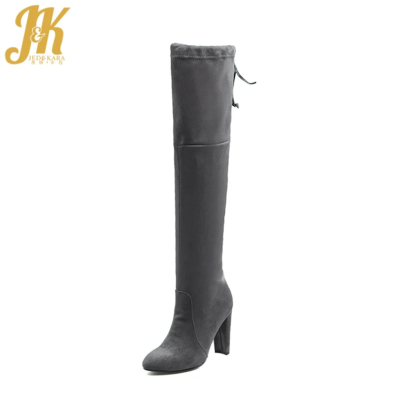 

JK Winter High Heels Stretch Boots Pointed Toe Female Shoes Over The Knee Elastic Boot Warm Short Plush Footwear Big Size 33-44