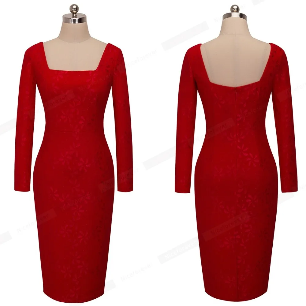 Хорошее-forever винтажное сексуальное красное кружевное платье с квадратным вырезом и цветочным рисунком с длинными рукавами офисное платье облегающее женское платье 740