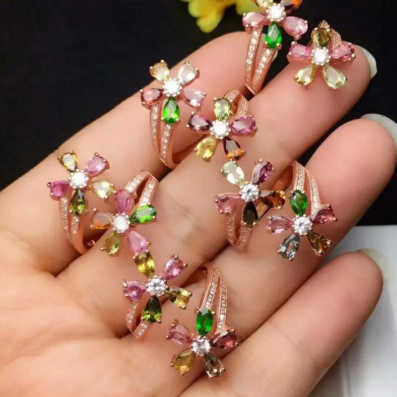 

shilovem 925 sterling silver Natural tourmaline Ring fine Jewelry Customizable women trendy wedding open wholesale lj030506agx